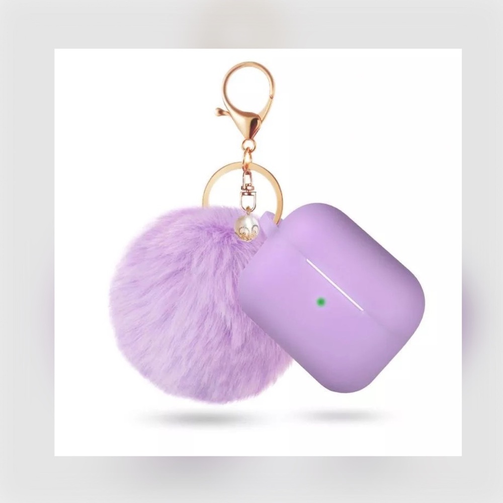 AIRPOD PRO PURPLE SILICONE PROTECTIVE CASE W/POM POM FUR-BALL KEYCHAIN